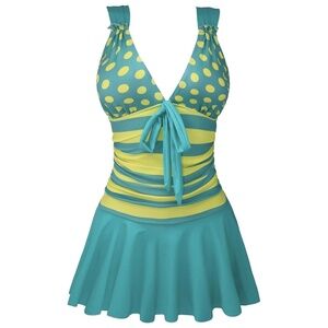 Retro Turquoise Polka Dot Swim Dress – Tummy Control Flare Skirt – Size L